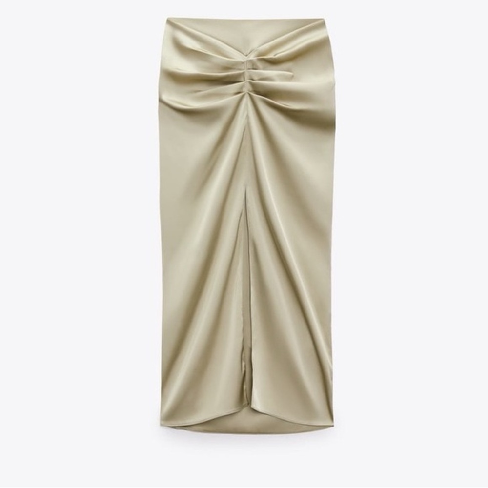 NWT Zara Champagne Gathered Satin Slit High Waist Midi Skirt Sz S - Picture 5 of 7